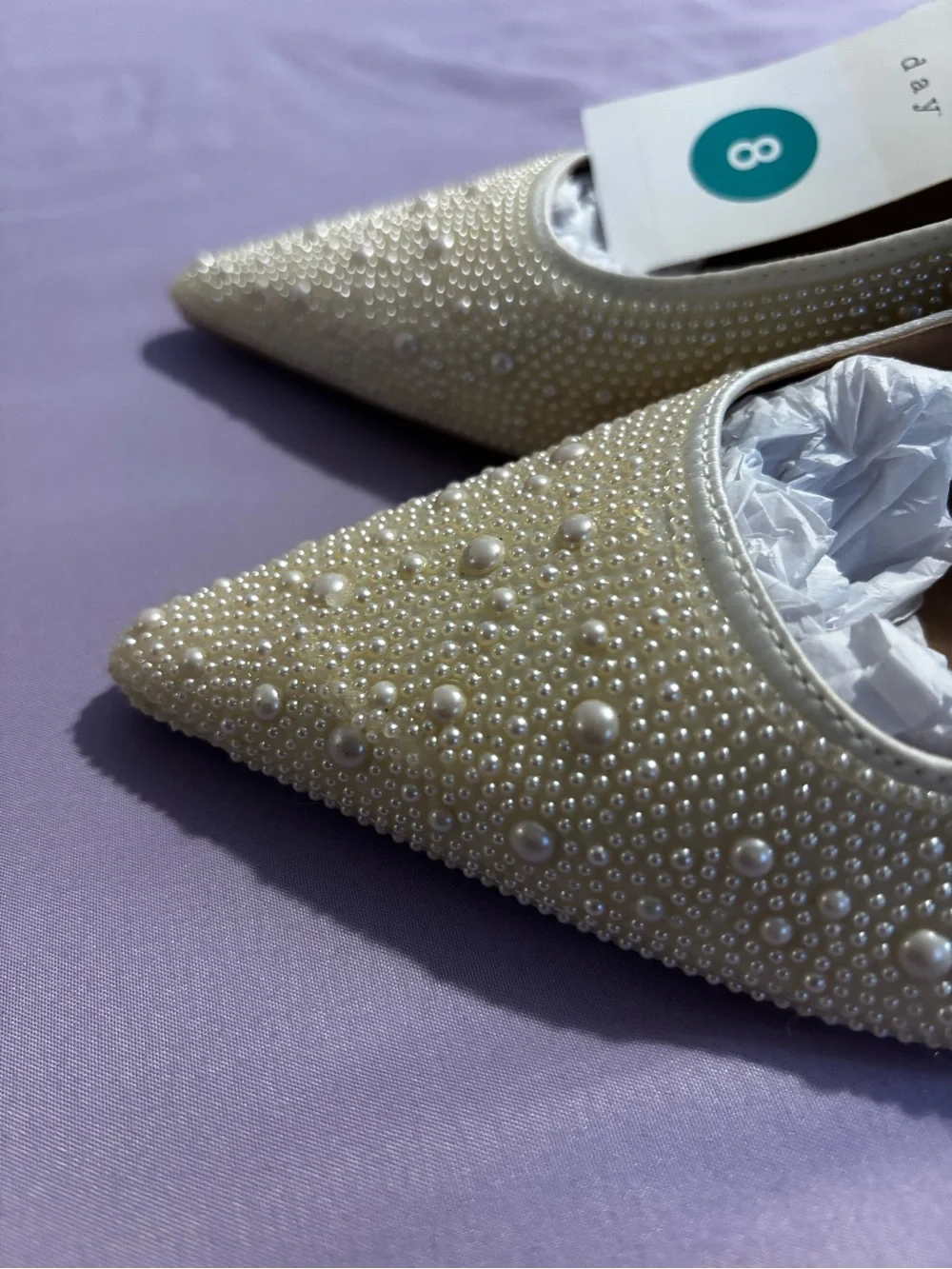 A New Day White Pearl-Embellished Pointed Slingback Kitten Heels